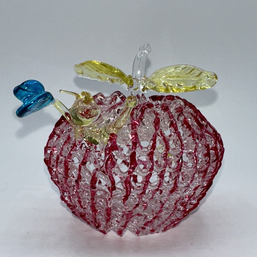 Hand Blown Spun Glass Apple Figurine with Snail and Blue Shell Art Glass Decor